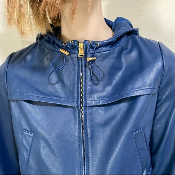 BCBGMaxAzria Blue Cropped Hooded 100% Leather Jacket Size XS - Picture 4 of 16